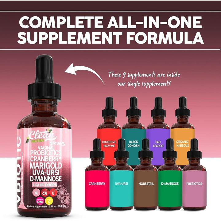 Clean Nutraceuticals Vaginal Probiotic Drops - 60ml | D-Mannose, Cranberry, Uva Ursi & Black Cohosh for Urinary, Vaginal & Hormonal Health