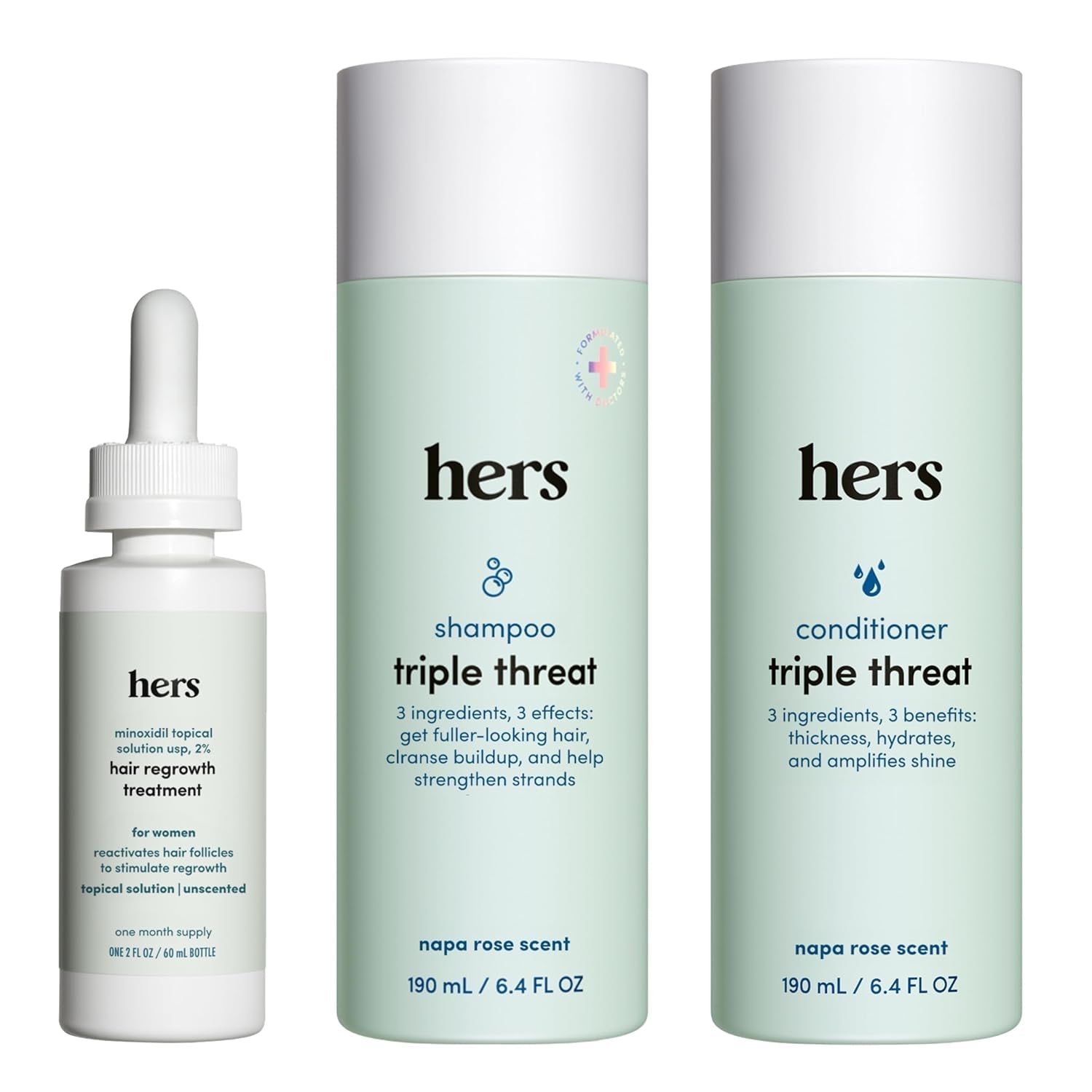 Hers Triple Threat Shampoo, Conditioner & Minoxidil Set | Clinically Proven Hair Regrowth & Fuller-Looking Hair