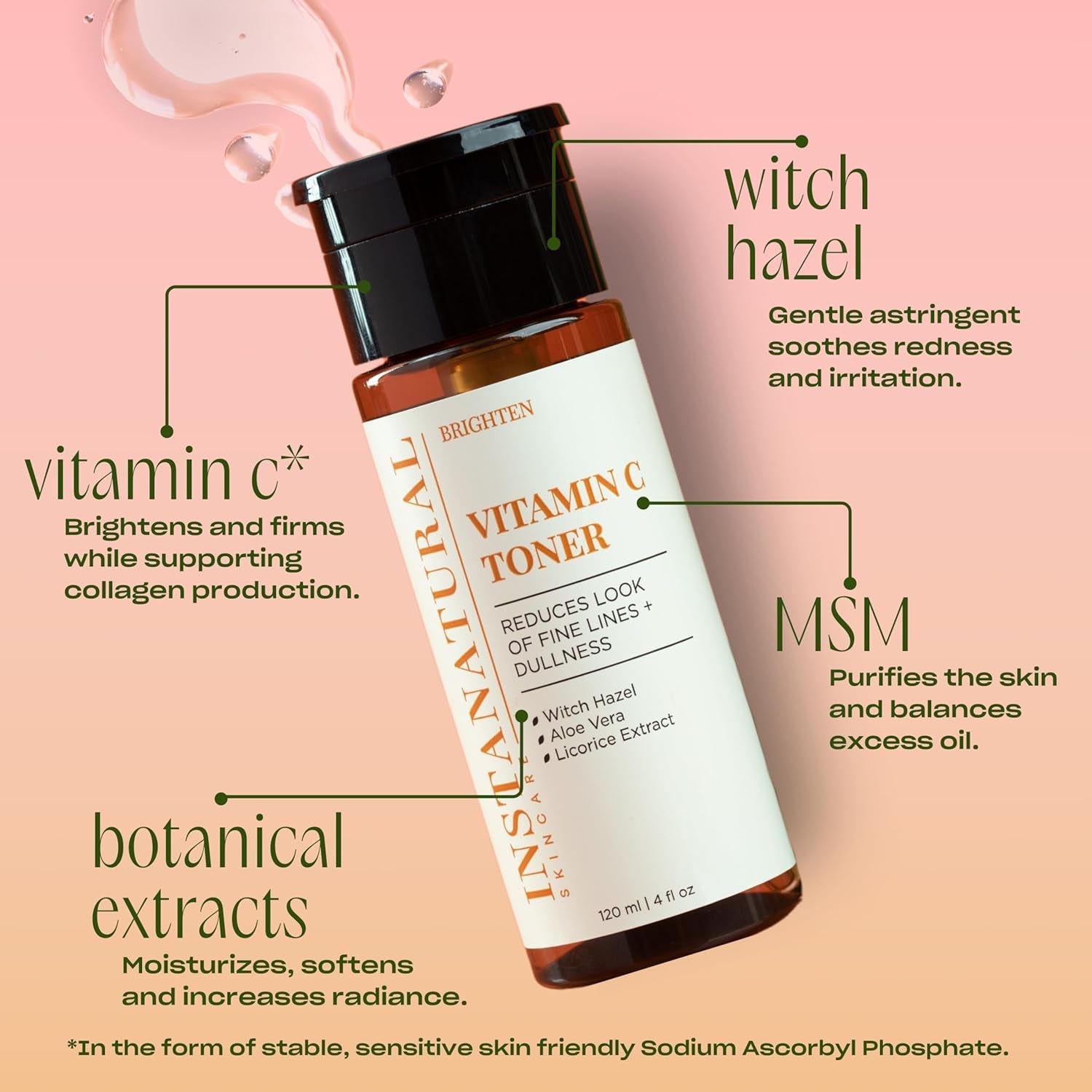 InstaNatural Vitamin C Toner 120 ml | Brightening, Hydrating & Pore-Refining Alcohol-Free Facial Toner