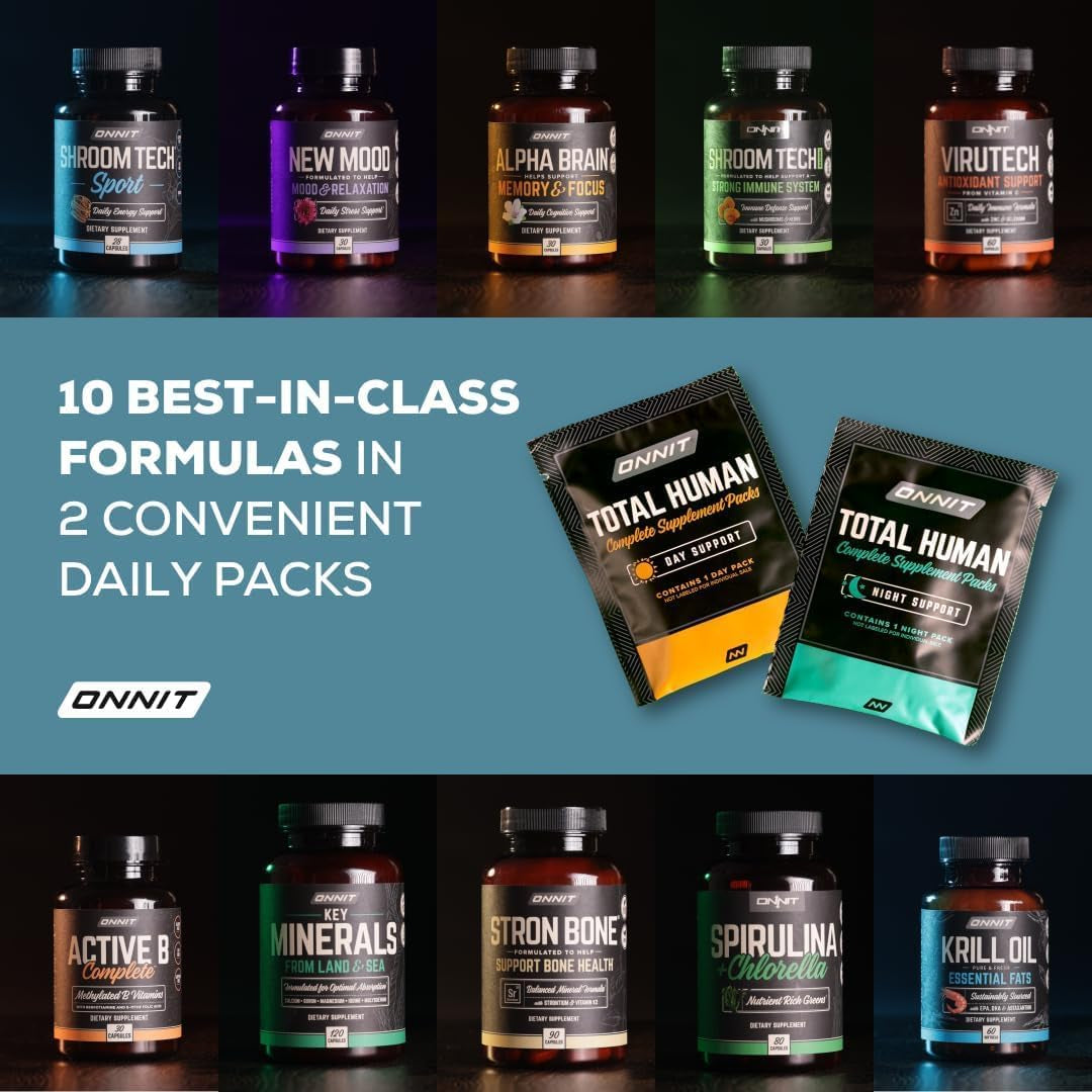 ONNIT Total Human Complete Supplement Packs – 60 Packets, 30-Day Supply | Day & Night Vitamins for Focus, Energy, Sleep & Immune Support