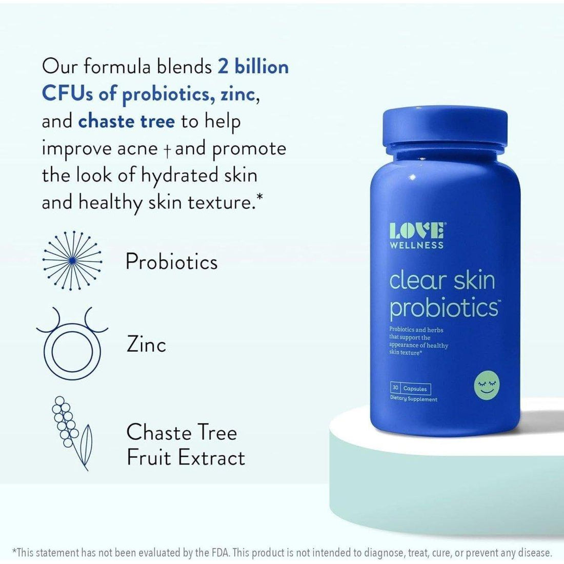 Love Wellness Clear Skin Probiotics 30 Capsules | Gut-Skin Balance Supplement with Probiotics, Zinc & Chaste Tree for Clearer, Calmer Skin Love Wellness