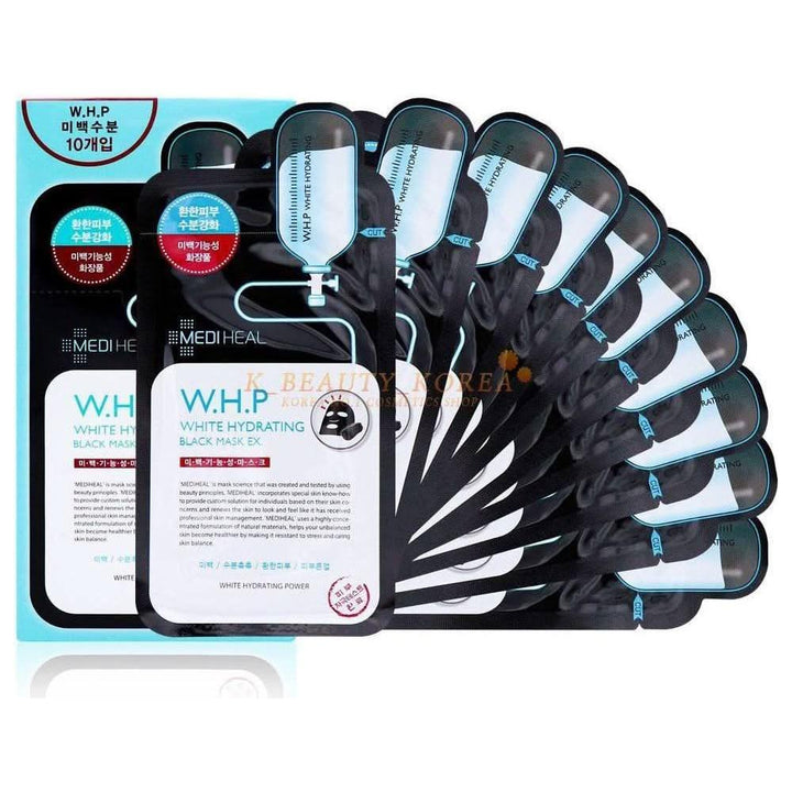 MEDIHEAL W.H.P White Hydrating Black Mask EX 25ml x 10 Pack | Brightening Moisture-Boosting Sheet Mask MEDIHEAL