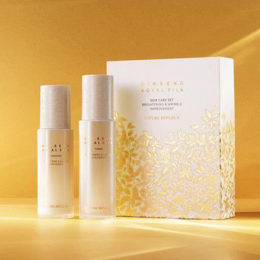NATURE REPUBLIC Ginseng Gold Silk Toner & Emulsion Set 2 x 120ml Anti-Aging, Hydrating & Radiance-Boosting Skincare Duo