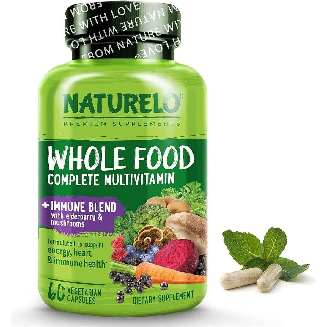 Naturelo Whole Food Complete Multivitamin + Immune Blend 60 Vegan Capsules | Daily Immune & Energy Support