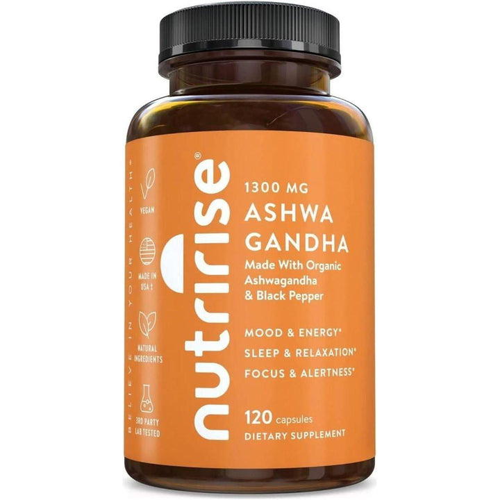NutriRise Organic Ashwagandha Root Capsules 1300mg (120 Count) | Stress Relief, Mood & Sleep Support
