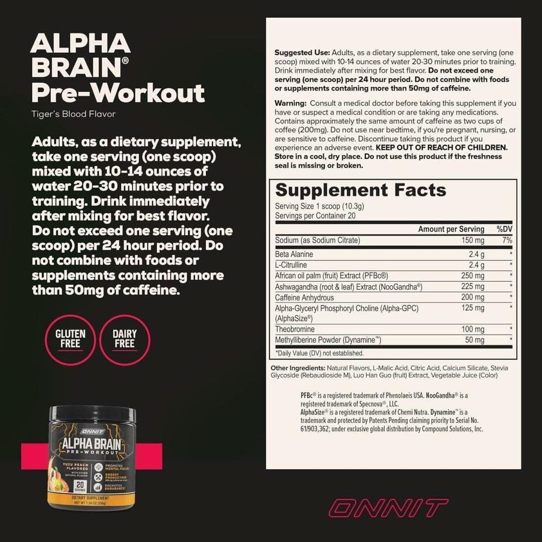 Onnit Alpha Brain Pre-Workout - Tiger's Blood (20 Servings) | Energy, Focus & Performance Boost