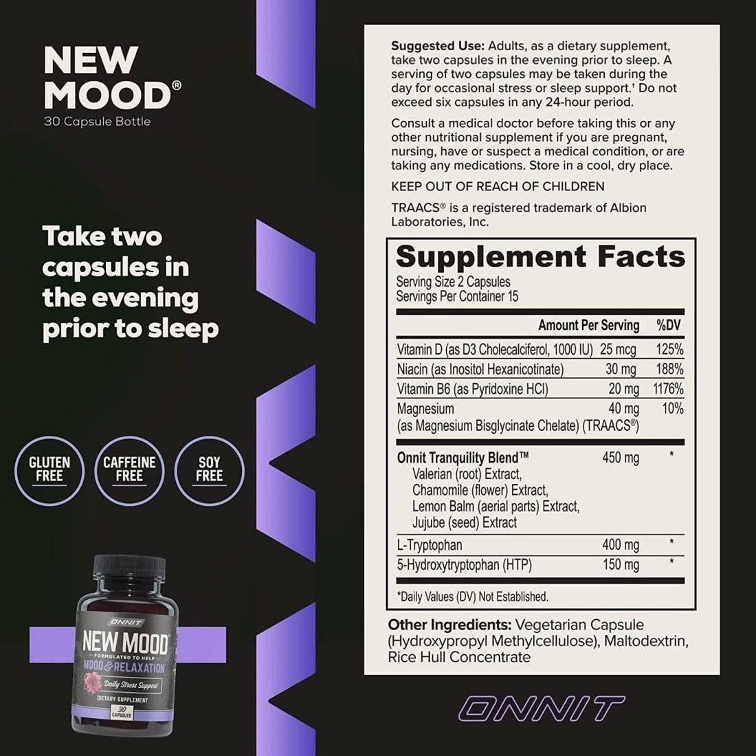 Onnit New Mood Stress Relief, Sleep & Mood Support (30 Capsules) | Relax & Unwind Naturally Onnit