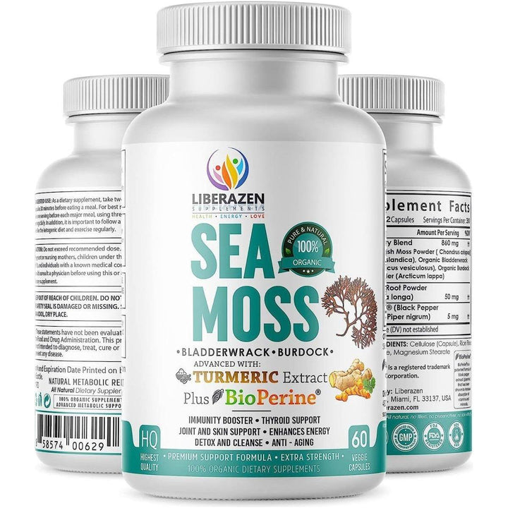 Liberazen Wildcrafted Organic Irish Sea Moss 60 Capsules | 5-in-1 Superfood Blend with Bladderwrack, Burdock, Turmeric & Black Pepper
