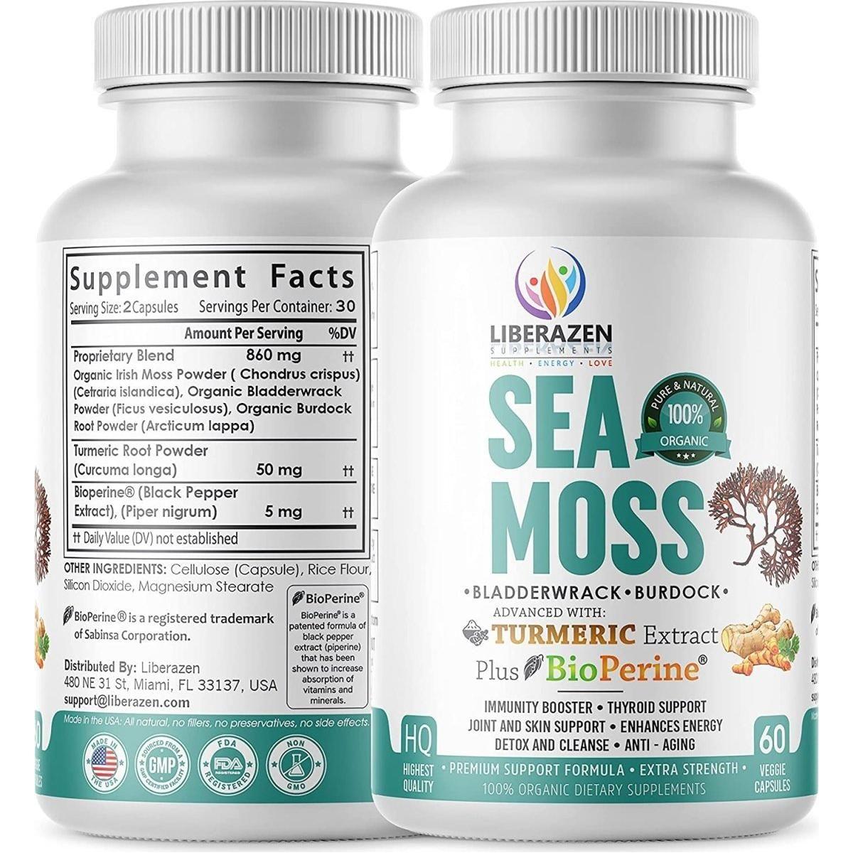 Liberazen Wildcrafted Organic Irish Sea Moss 60 Capsules | 5-in-1 Superfood Blend with Bladderwrack, Burdock, Turmeric & Black Pepper