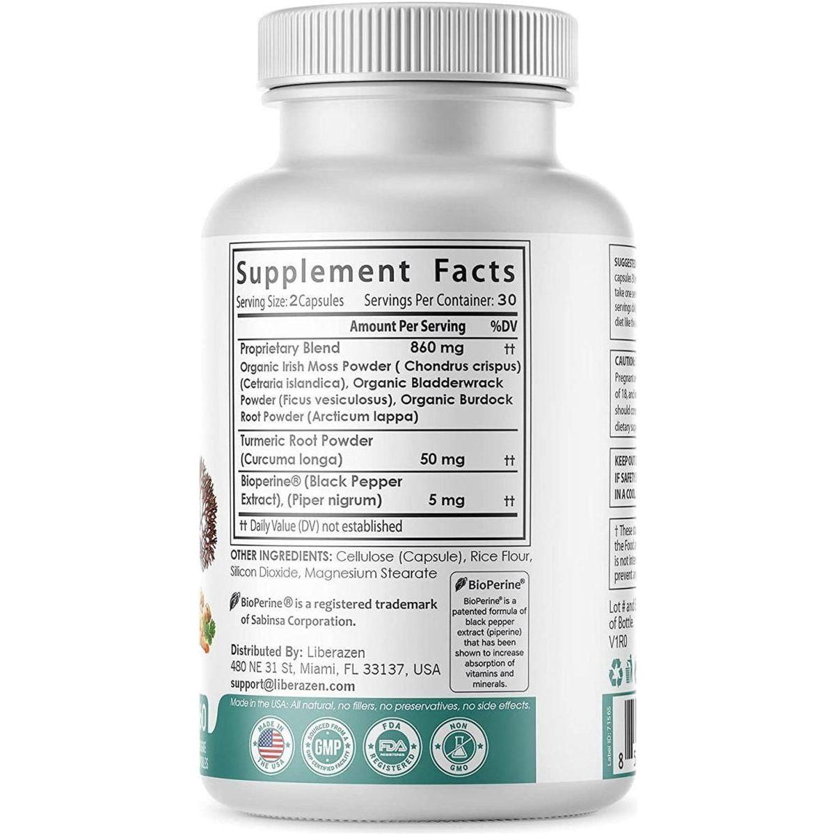 Liberazen Wildcrafted Organic Irish Sea Moss 60 Capsules | 5-in-1 Superfood Blend with Bladderwrack, Burdock, Turmeric & Black Pepper