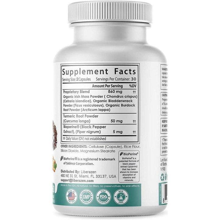 Liberazen Wildcrafted Organic Irish Sea Moss 60 Capsules | 5-in-1 Superfood Blend with Bladderwrack, Burdock, Turmeric & Black Pepper