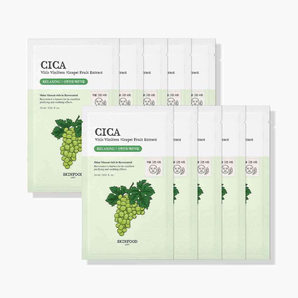 SKINFOOD Shine Muscat Cica Mask 24ml x 10 Sheets | Exfoliating & Soothing Daily Sheet Masks for Clear, Smooth Skin