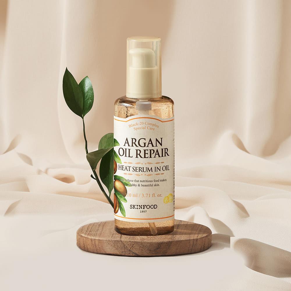 SKINFOOD Argan Oil Repair Plus Heat Serum in Oil 110ml | Heat Protection & Repair for Damaged Hair with Argan Oil & Black-20 Complex?