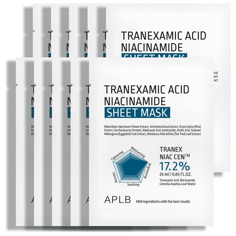 APLB Tranexamic Acid Niacinamide Sheet Mask  10 Pack Professional Brightening & Soothing Treatment for Dull, Uneven Skin