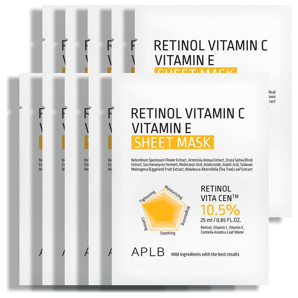 APLB Retinol + Vitamin C & E Sheet Mask  10 Pack Professional-Grade Brightening & Anti-Aging Treatment