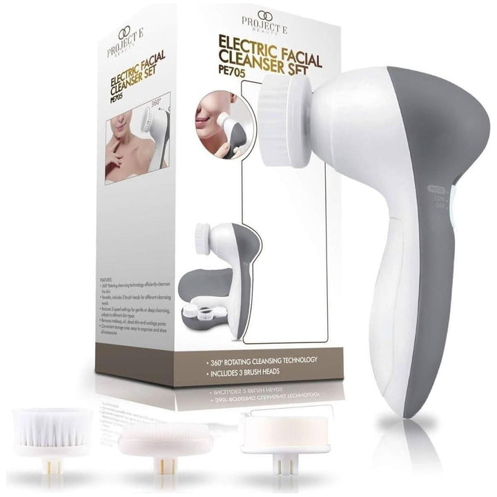Project E Beauty Electric Facial Cleanser Set 360° Rotating Brush with 3 Exfoliating Heads for Deep Pore Cleansing