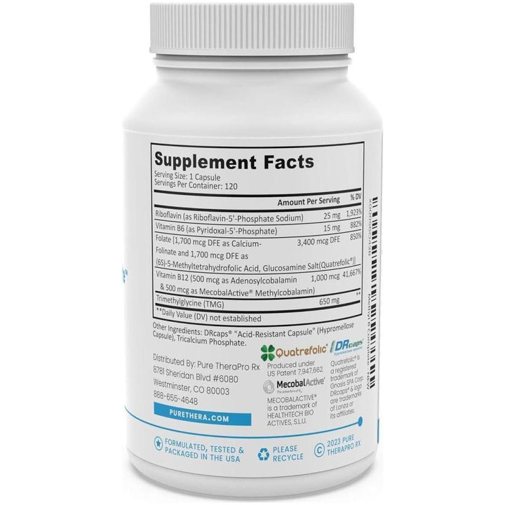Pure TheraPro Methyl B Complete 120 Vegan Capsules | Advanced Methylated B Complex with Quatrefolic 5-MTHF