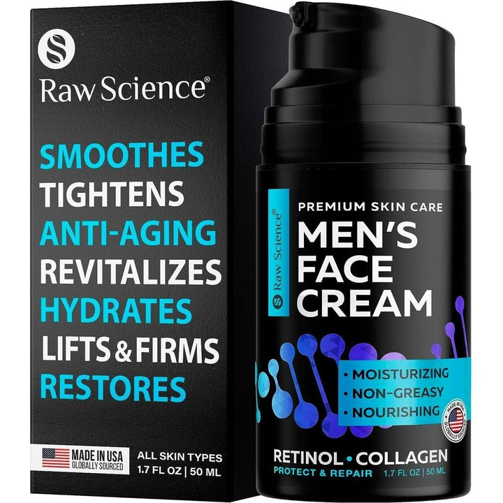 Raw Science Men's Face Cream 50ml | Anti-Aging Moisturiser with Retinol, Collagen & Hyaluronic Acid