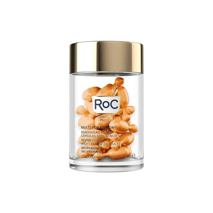 RoC Multi Correxion Revive + Glow Night Serum Capsules 30 Count 20% Pure Vitamin C | Overnight Brightening, Dark Spot Correction & Radiance Revival