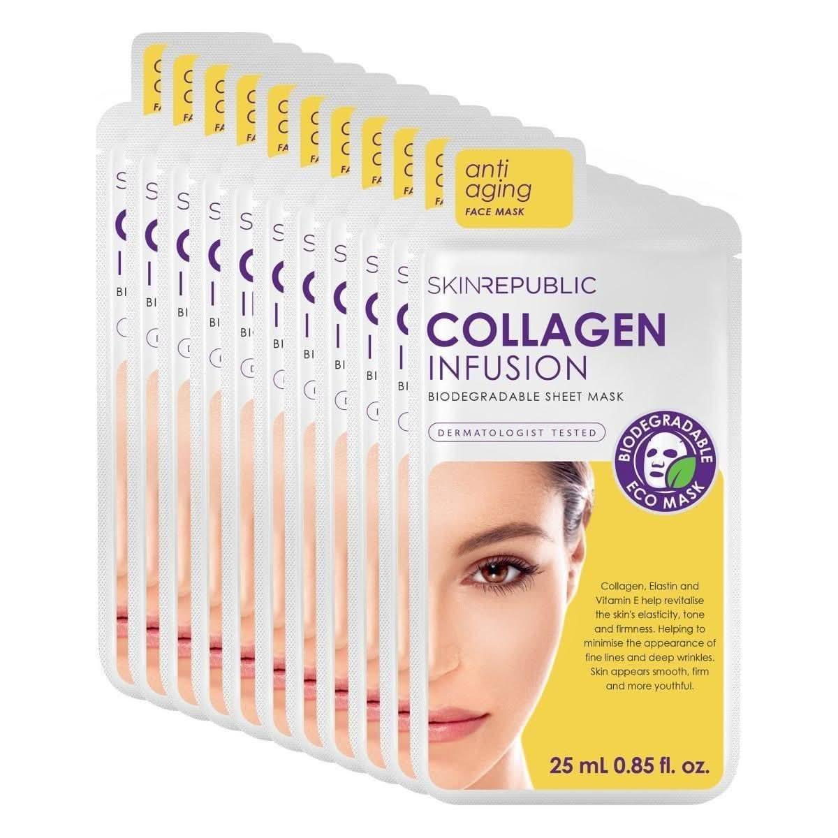 Skin Republic Collagen Infusion Face Sheet Mask Pack of 10 | Firming & Anti-Ageing Treatment with Collagen, Elastin & Vitamin E