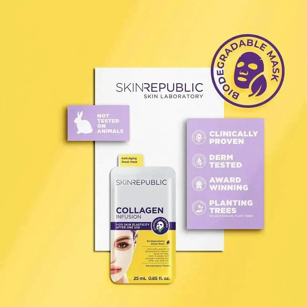 Skin Republic Collagen Infusion Face Sheet Mask Pack of 10 | Firming & Anti-Ageing Treatment with Collagen, Elastin & Vitamin E