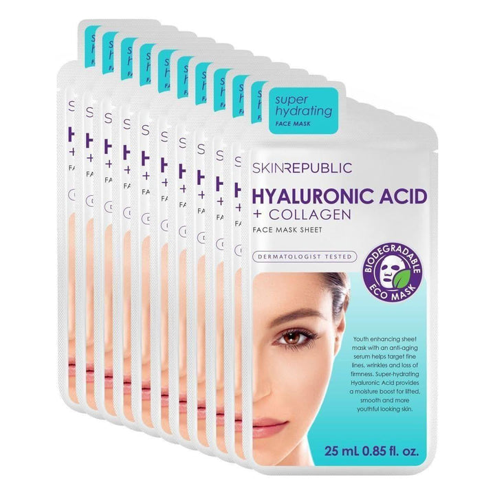 Skin Republic Hyaluronic Acid + Collagen Face Sheet Mask (Pack of 10) | Deep Hydration & Anti-Aging Save 30% Skin Republic