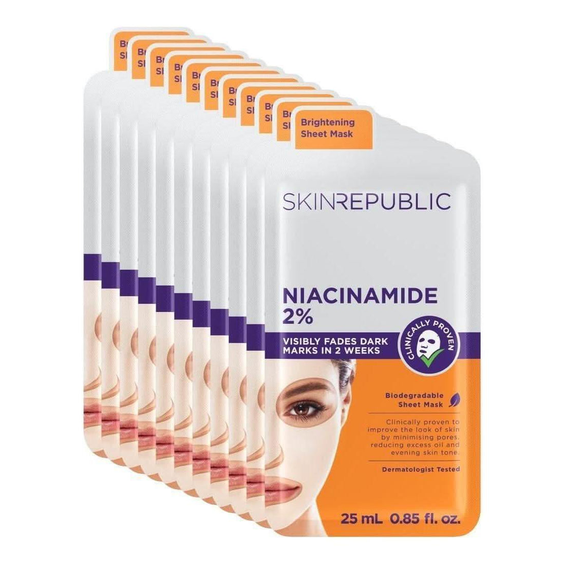 Skin Republic Niacinamide 2% Sheet Mask Pack of 10 | Brightens, Clears & Minimises Pores Skin Republic