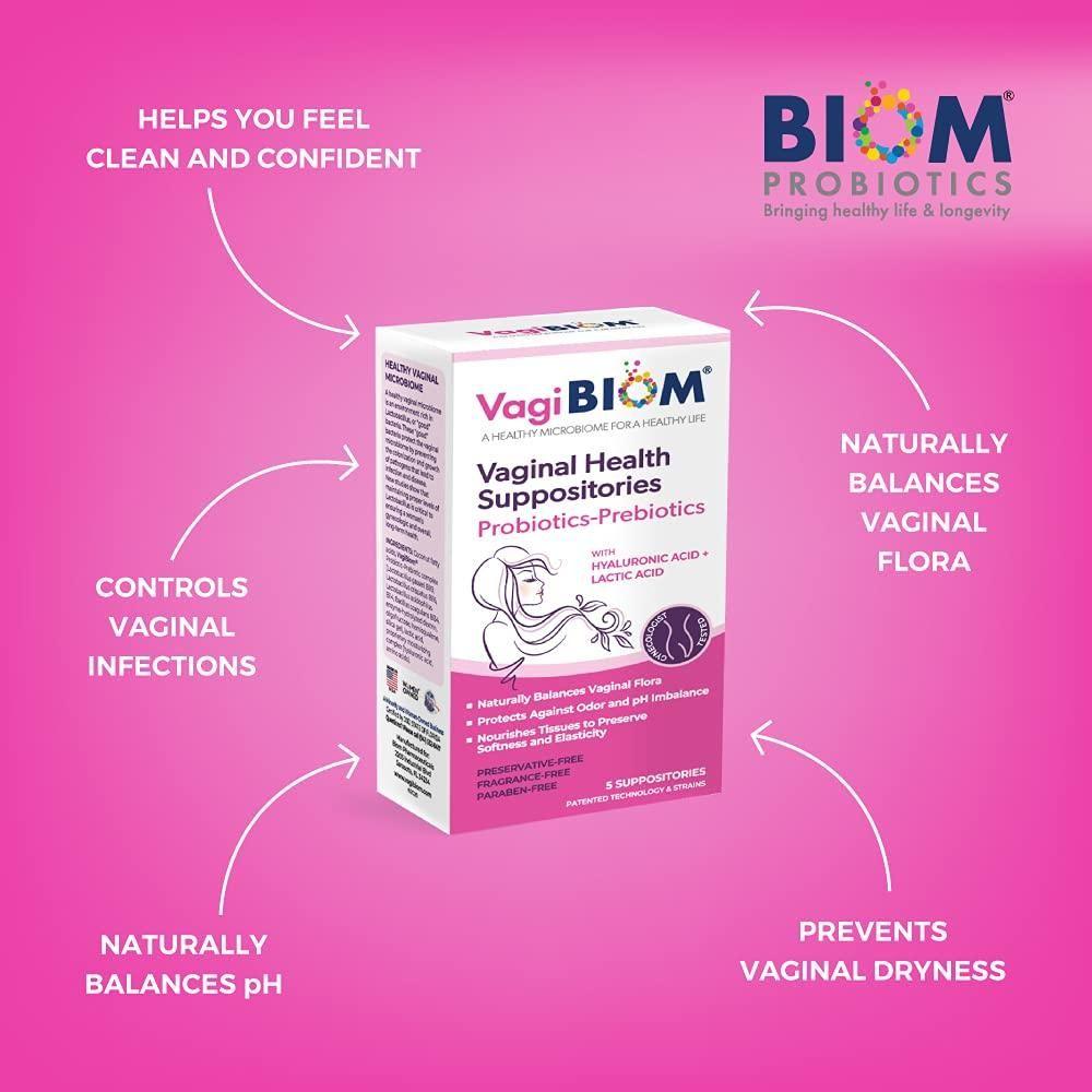 Vagibiom Lactobacillus Vaginal Suppository 5 Count | Microbiome Balance, pH Support & Soothing Relief
